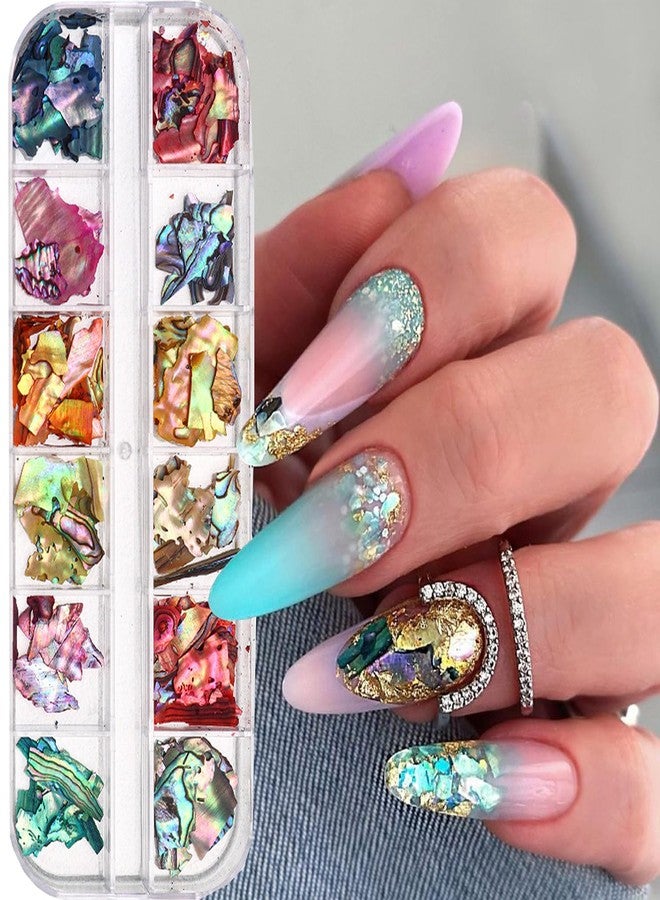 BSBTBZ 12Grids Nail Art Aurora Abalone Shell Flakes, Shiny Irregular Sea Shell 3D Charms Summer Slices Holographic Nail Art Sequins Natural Sea Shells Nail Glitters Manicure Paillette Tip Decor Accessories - Image 1